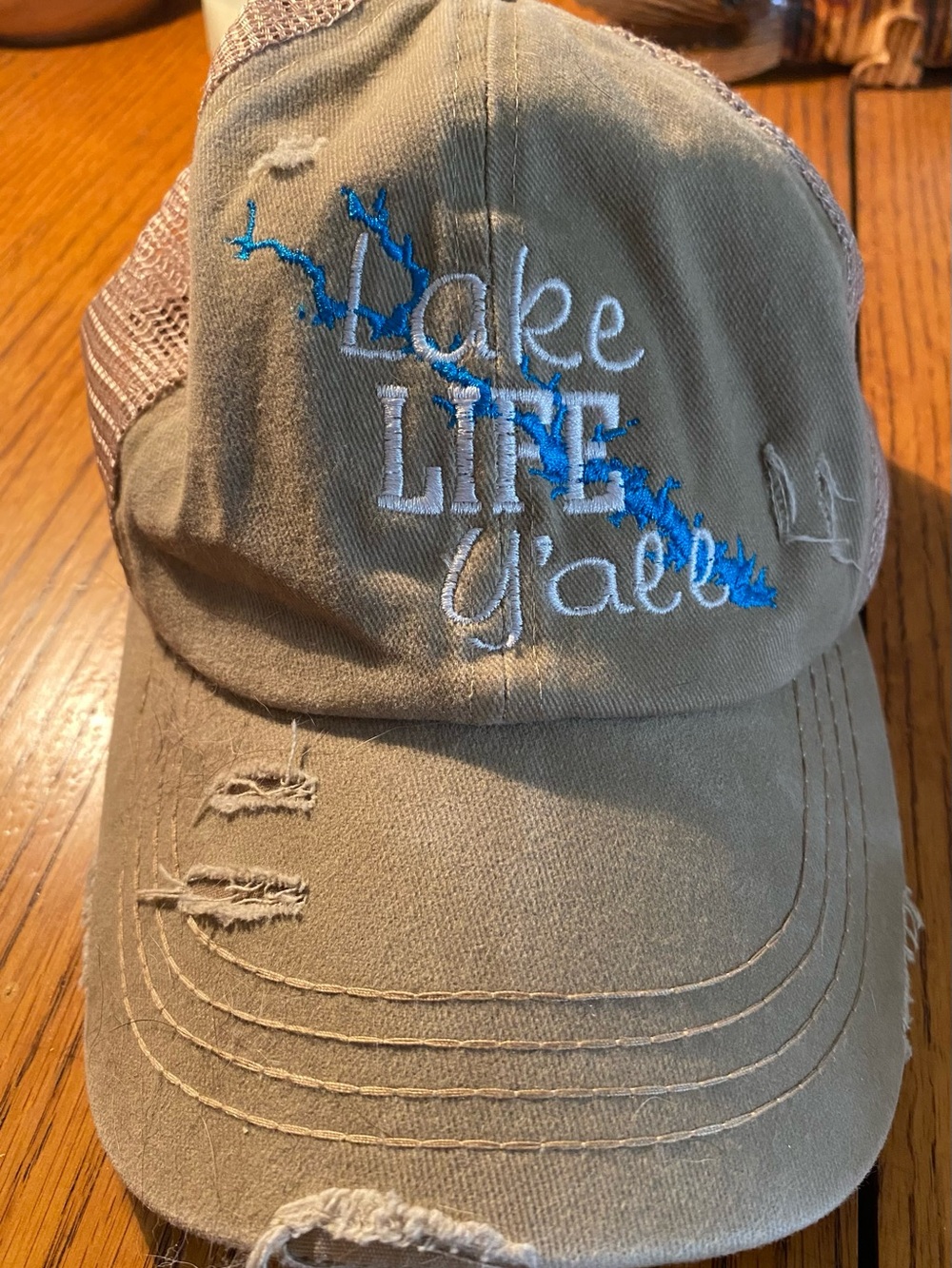 C.C Khaki Distressed Trucker Hat with Blue & White Embroidery